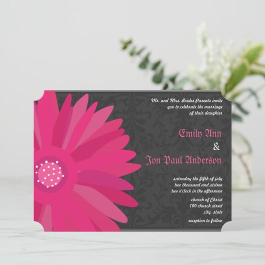 Invitation Fuchsia Silver Metallic Gerber Daisy Wedding (Debout devant)