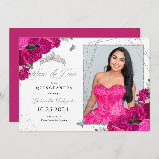 Invitation Fuchsia & Silver Quinceañera Enregistrer La Date P (Devant / Derrière)