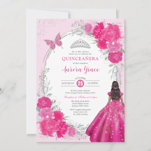 Invitation Fuchsia Silver Quinceañera Flower 15th Birthday (Devant)