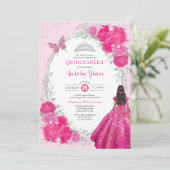 Invitation Fuchsia Silver Quinceañera Flower 15th Birthday (Debout devant)
