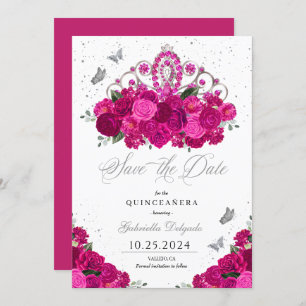 Invitation Fuchsia & Silver Tiara Enregistrer La Date Quincea