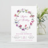 Invitation Fuchsia Sweet Pea Wreath Baptême & 1er Anniversair (Debout devant)
