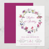 Invitation Fuchsia Sweet Pea Wreath Baptême & 1er Anniversair (Devant / Derrière)