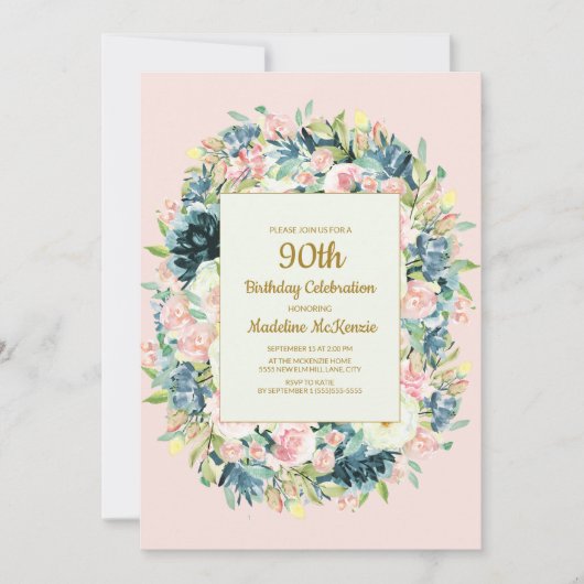 Invitation Fuchsia Té Floral Femmes 90e Anniversaire (Devant)