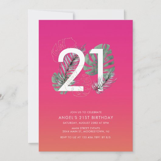 Invitation Fuchsia Tropical moderne 21e anniversaire (Devant)