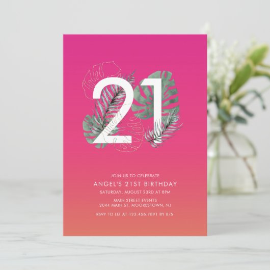 Invitation Fuchsia Tropical moderne 21e anniversaire (Debout devant)