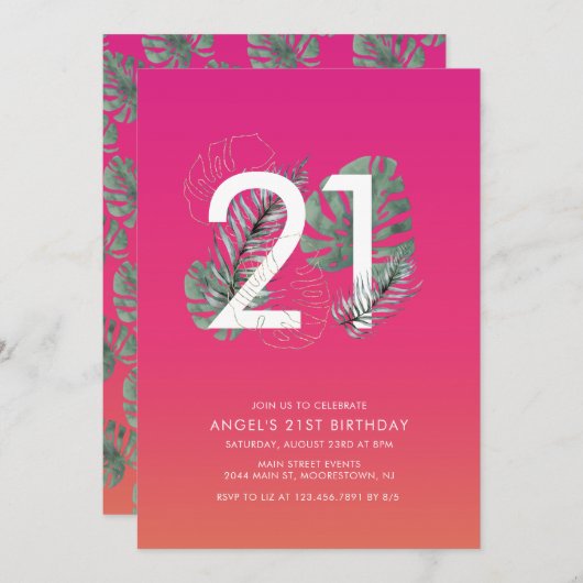 Invitation Fuchsia Tropical moderne 21e anniversaire (Devant / Derrière)