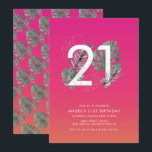 Invitation Fuchsia Tropical moderne 21e anniversaire<br><div class="desc">Cette amusante invitation moderne de vingt et unième anniversaire a un arrière - plan de coucher de soleil rose et orange tropical, feuilles tropicaux aquarelle qui enveloppent autour d'un 21 et texte simple. L'arrière est décoré d'un arrière - plan de coucher de soleil assorti et d'un motif de feuilles de...</div>