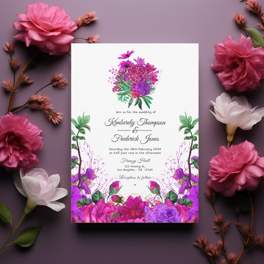 Invitation Fuchsia vintage et Mariage floral pourpre