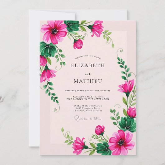 Invitation Fuchsia Whimsical Botanical Spring Wedding (Devant)
