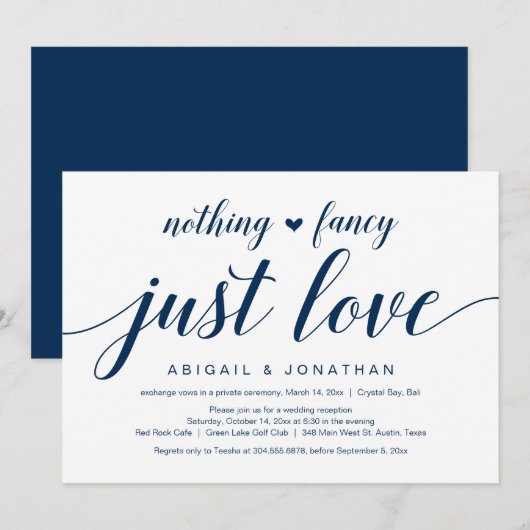 Invitation Fuite de mariage, élégant script bleu marine class (Devant / Derrière)