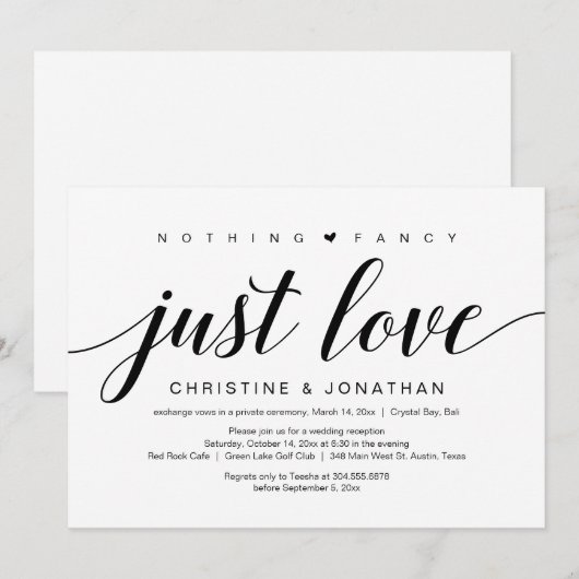 Invitation Fuite de mariage, élégant script noir classique (Devant / Derrière)