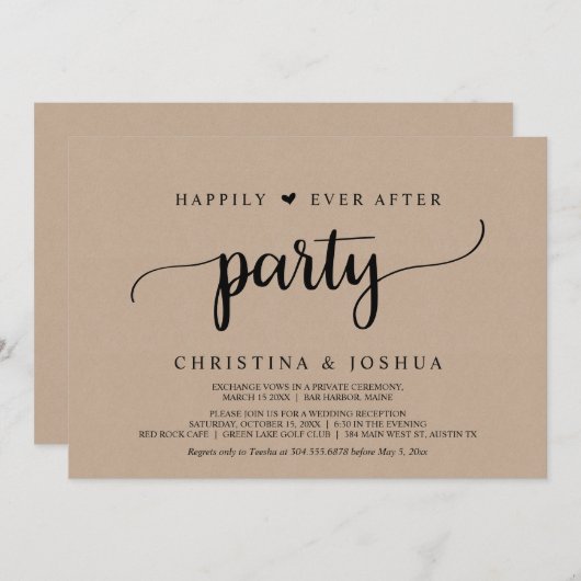 Invitation Fuite de mariage, fête de pour toujours, kraft (Devant / Derrière)