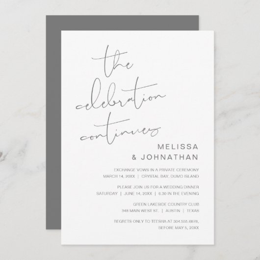 Invitation Fuite de mariage, La célébration continue (Devant / Derrière)