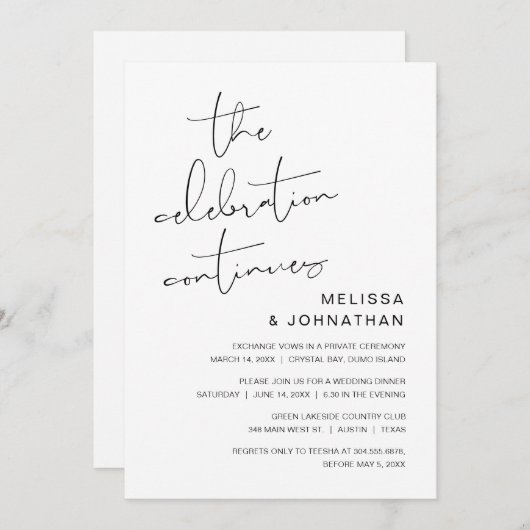 Invitation Fuite de mariage, La célébration continue Invit (Devant / Derrière)