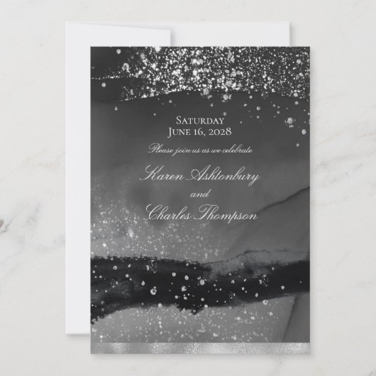 Invitation Fumé Gris Noir & Parkling Silver Mariage moderne (Devant)