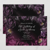 Invitation Fumé violet rose roses et crânes fête d'anniversai (Devant / Derrière)