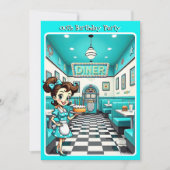 Invitation Fun 1950s Retro Diner Birthday Cake Aqua (Devant)