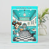 Invitation Fun 1950s Retro Diner Birthday Cake Aqua (Debout devant)