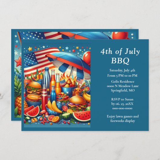 Invitation Fun 4 juillet Rouge Blanc Bleu (Devant / Derrière)