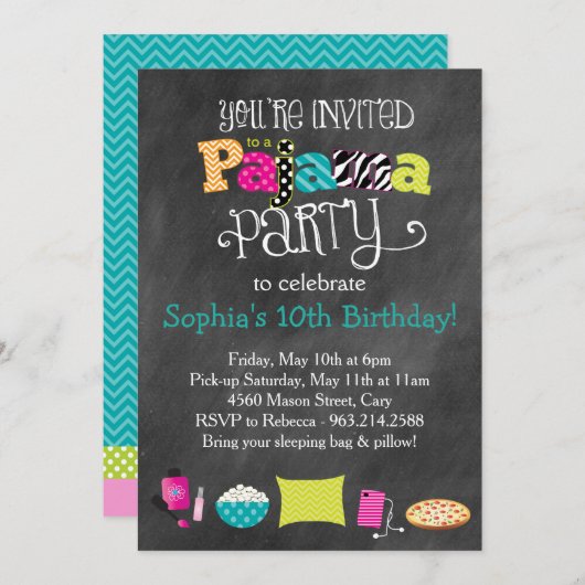 Invitation Fun Ado funky ou Tween Pajama Party (Devant / Derrière)