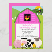 Invitation Fun Animal de Barnyard Fun Birthday Party Pink Gir (Devant / Derrière)
