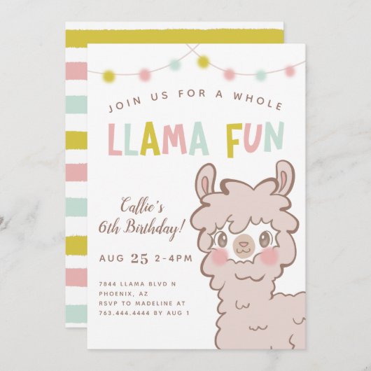 Invitation Fun Anniversaire de enfant de Llama entière (Devant / Derrière)