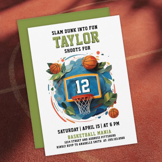 Invitation Fun Basketball Hoop Green Blue Anniversaire de enf