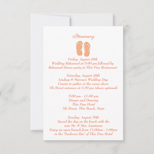 Invitation Fun Beach Flip Flops Orange Wedding Intinerary (Devant)