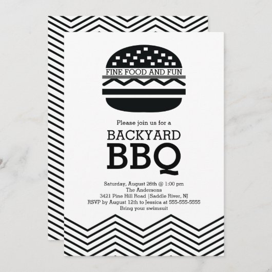 Invitation Fun Black White Chevron Barbecue Party (Devant / Derrière)
