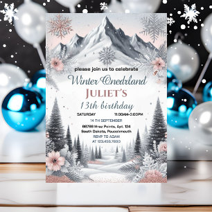 Invitation fun bleu fille neige hiver Onederland 13e annivers