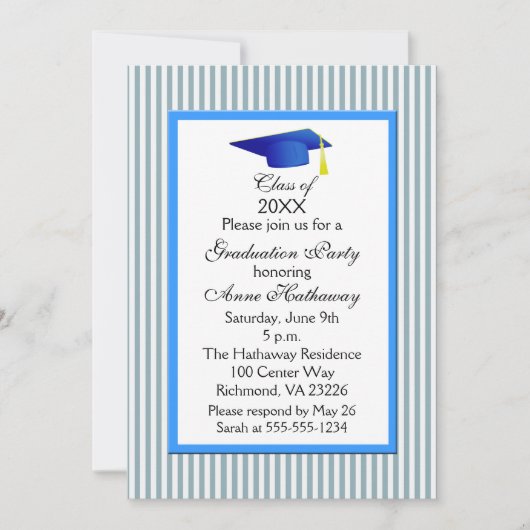 Invitation Fun Blue and White Stripe Gradupe Party (Devant)