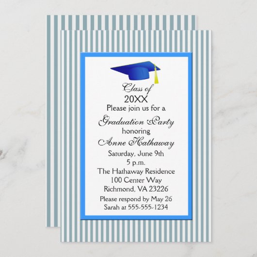 Invitation Fun Blue and White Stripe Gradupe Party (Devant / Derrière)