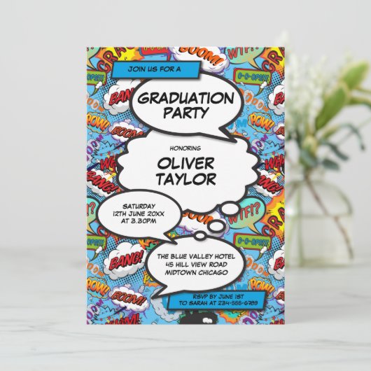 Invitation Fun Blue Comic Book de la fête de graduation moder (Debout devant)