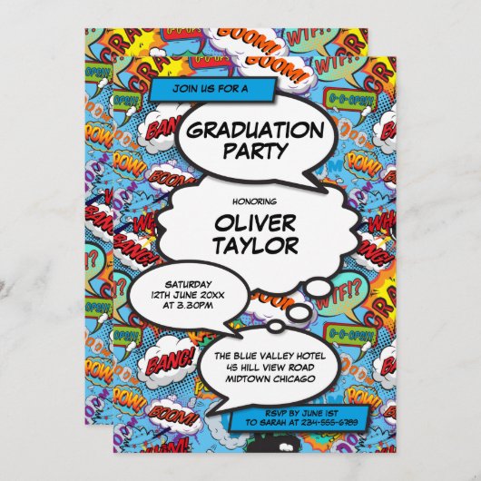 Invitation Fun Blue Comic Book de la fête de graduation moder (Devant / Derrière)