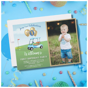 Invitation Fun Blue Golf Panier Photo First Birthday Boy