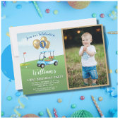 Invitation Fun Blue Golf Panier Photo First Birthday Boy