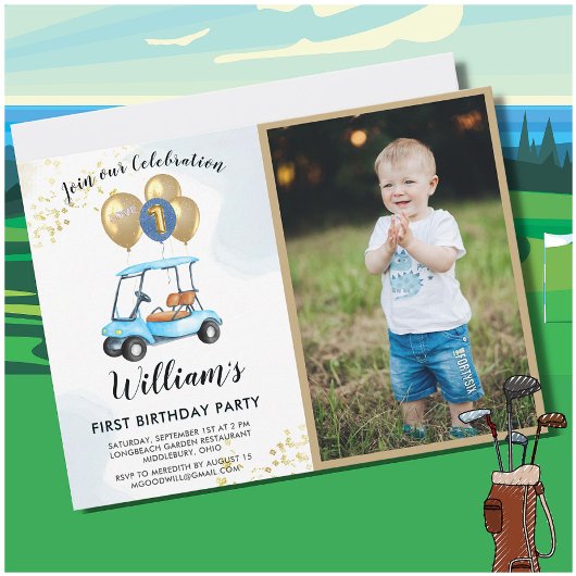 Invitation Fun Blue Golf Panier Photo First Birthday Boy