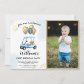 Invitation Fun Blue Golf Panier Photo First Birthday Boy (Devant)