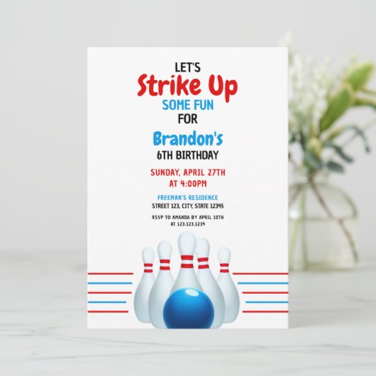 Invitation Fun Blue & Red Bowling Kids 6e anniversaire (Debout devant)