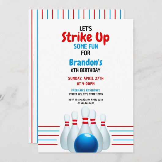 Invitation Fun Blue & Red Bowling Kids 6e anniversaire (Devant / Derrière)
