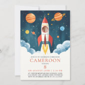 Invitation Fun Blue Red Rocket Astronaut Galaxy Space Photo  (Devant)