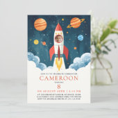 Invitation Fun Blue Red Rocket Astronaut Galaxy Space Photo  (Debout devant)