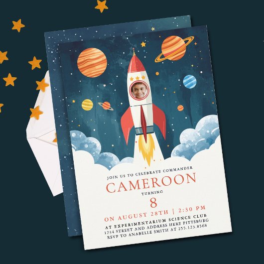 Invitation Fun Blue Red Rocket Astronaut Galaxy Space Photo 
