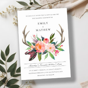 INVITATION FUN BOHO BLANC BLUSH ANTLER MARIAGE CAMPAGNARD FLO