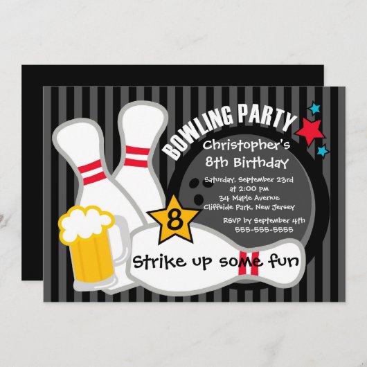 Invitation Fun Bowling Boys Birthday (Devant / Derrière)