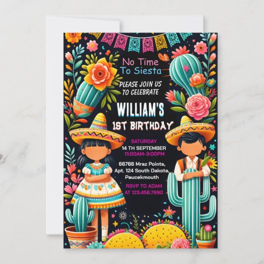 Invitation fun cactus mignon uno taco première fête 1er anniv (Devant)