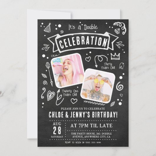 Invitation Fun Chalkboard Doodle Double Celebration Anniversa (Devant)