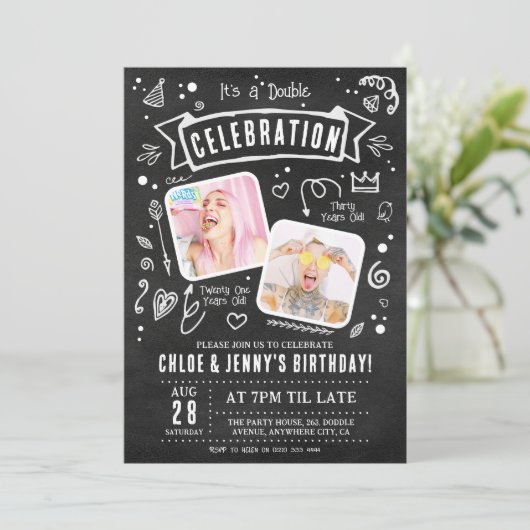 Invitation Fun Chalkboard Doodle Double Celebration Anniversa (Debout devant)