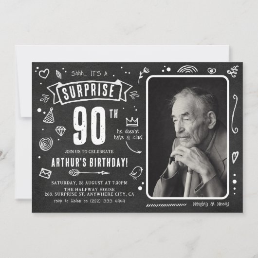 Invitation Fun Chalkboard Doodle Photo Surprise 90e anniversa (Devant)